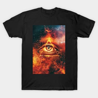 print with a Masonic sign symbol of the Illuminati eyes on fire in the pyramid T-Shirt